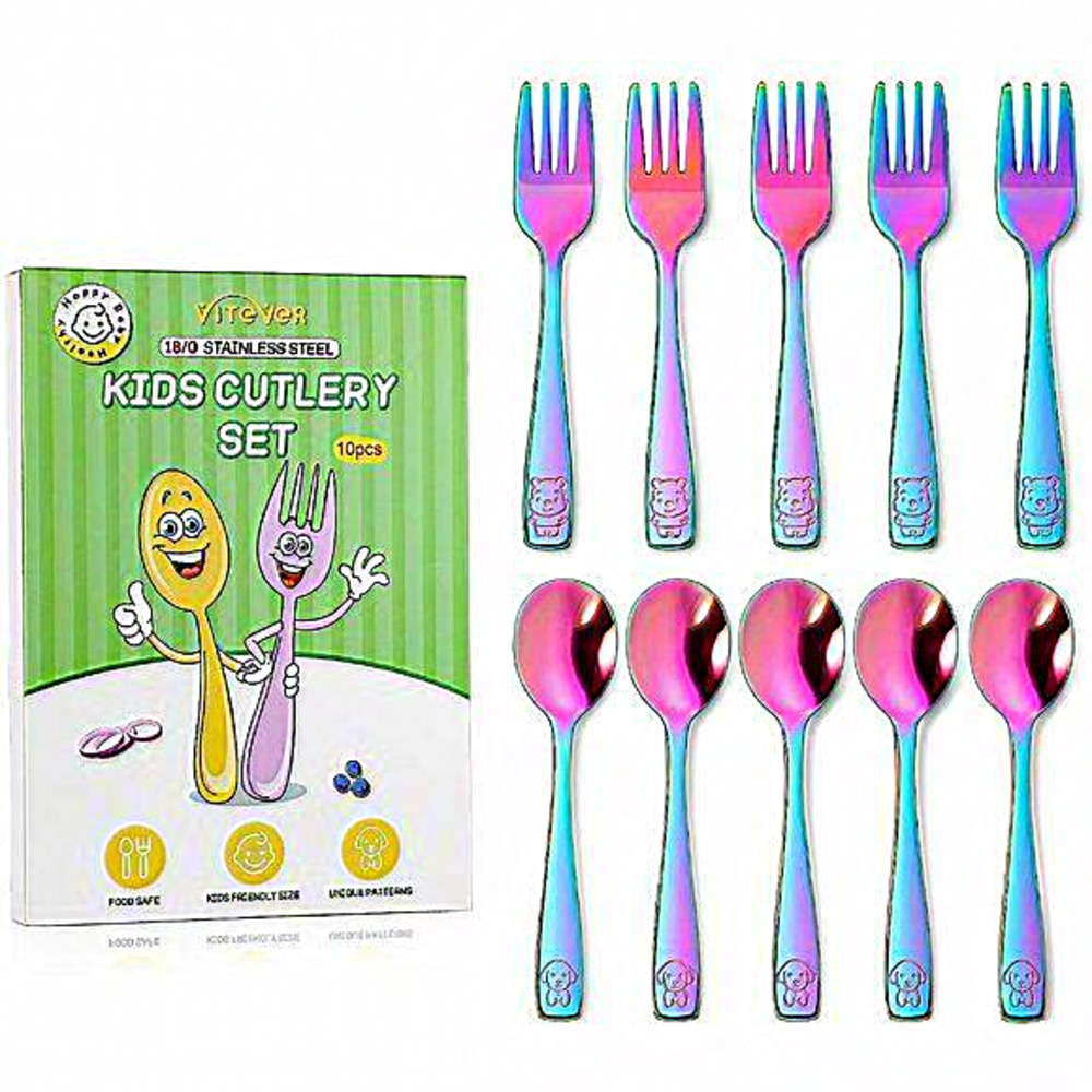 10 Pack  Stainless Steel Rainbow Silverware Cutlery Set Includes Forks and Spoon